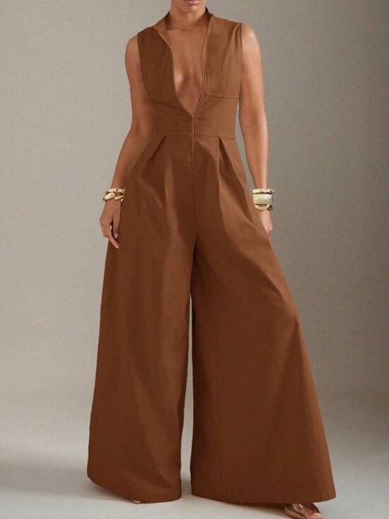 Pants - Rust Brown Elegant Women's Extreme Wide Leg Zip Front Sleeveless Jumpsuit